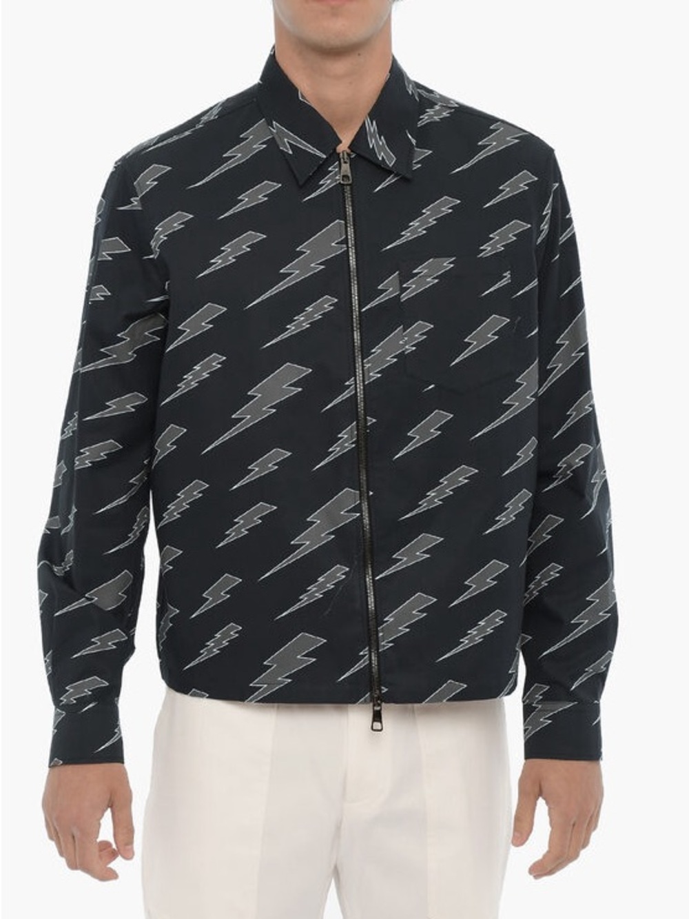 Neil Barrett Men's Black Lightning-Print Zip Jacket Overshirt Cotton $648 NEW